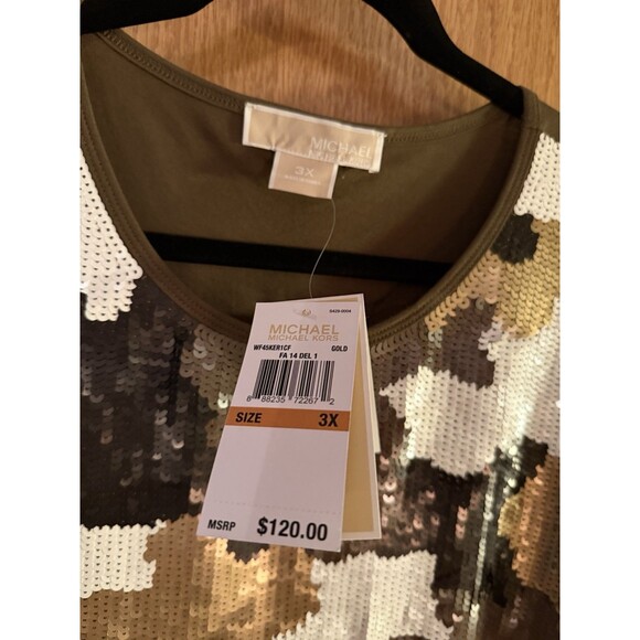 MICHAEL Kors Camou Sequin Tee Gold BLK White Sparkle Glitzy Chic Top 3X $120 NWT - Picture 8 of 8